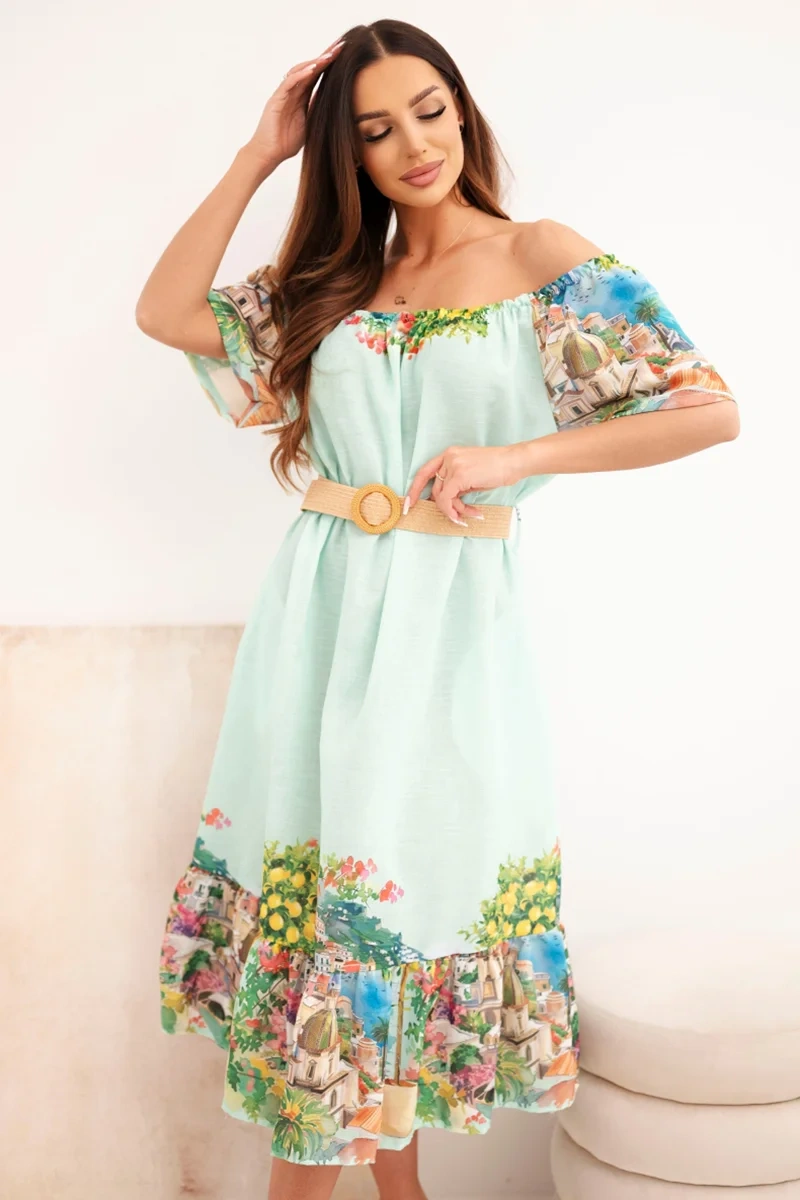 Off-shoulder šaty s páskem, mátová