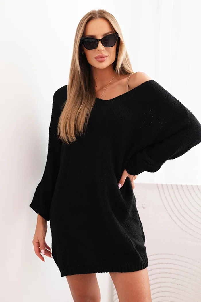 Kesi Włoski Plus Size women's dress wool with V-neck black