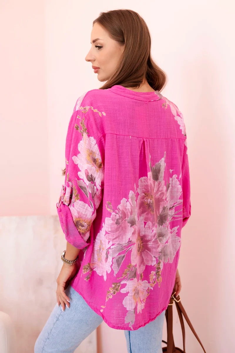 Kesi Włoski Women&#039;s cotton blouse with a floral pattern and buttons pink