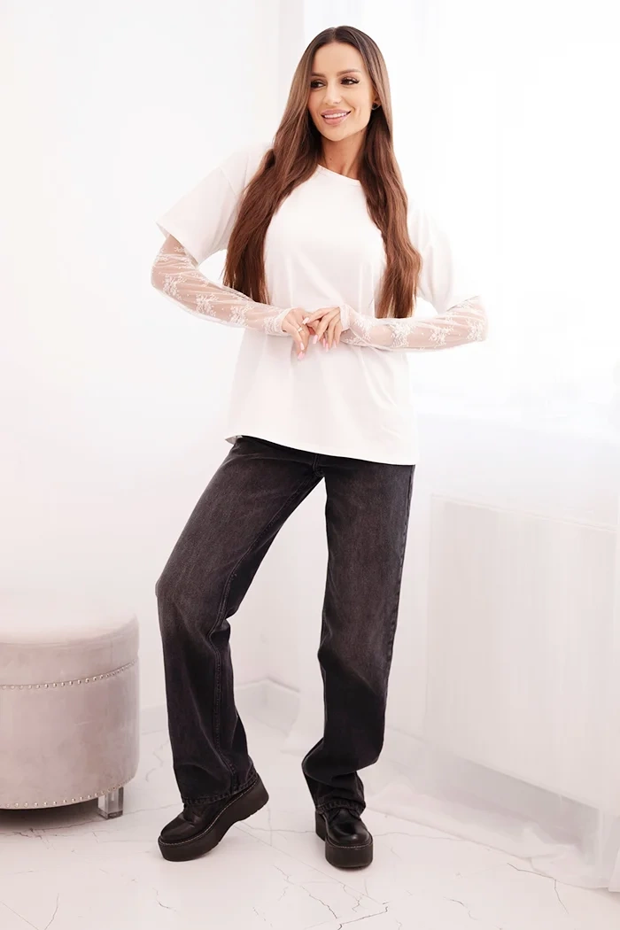 Kesi Włoski Women's cotton blouse with lace sleeves white