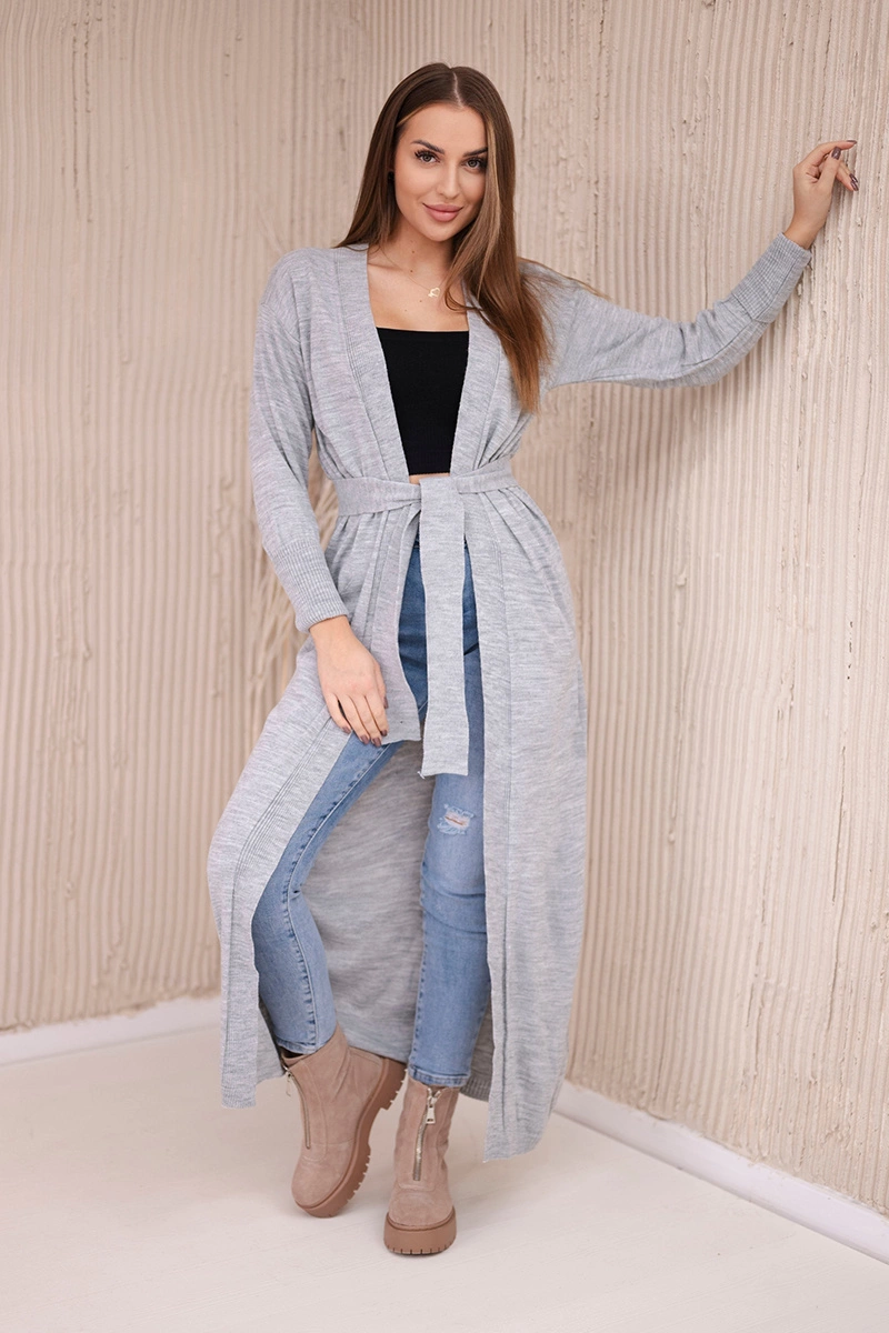 Long sweater with waist tie gray color