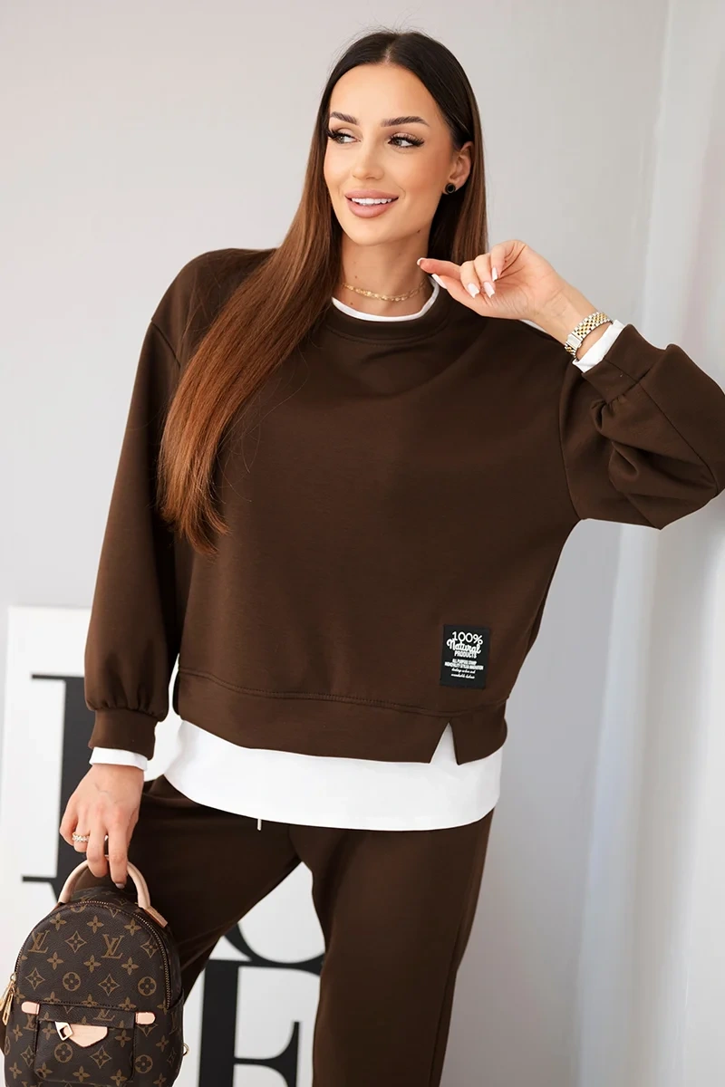 Kesi Włoski Dámsky komplet s maslovou voľnou mikinou a teplákovými nohavicami hnedý