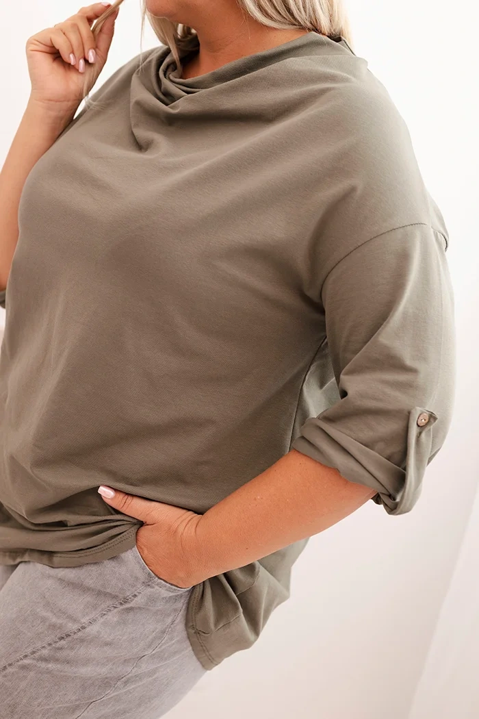 Kesi Włoski Dámska blúzka Plus Size z bavlnou s voľným strihom a vodným výstrihom khaki