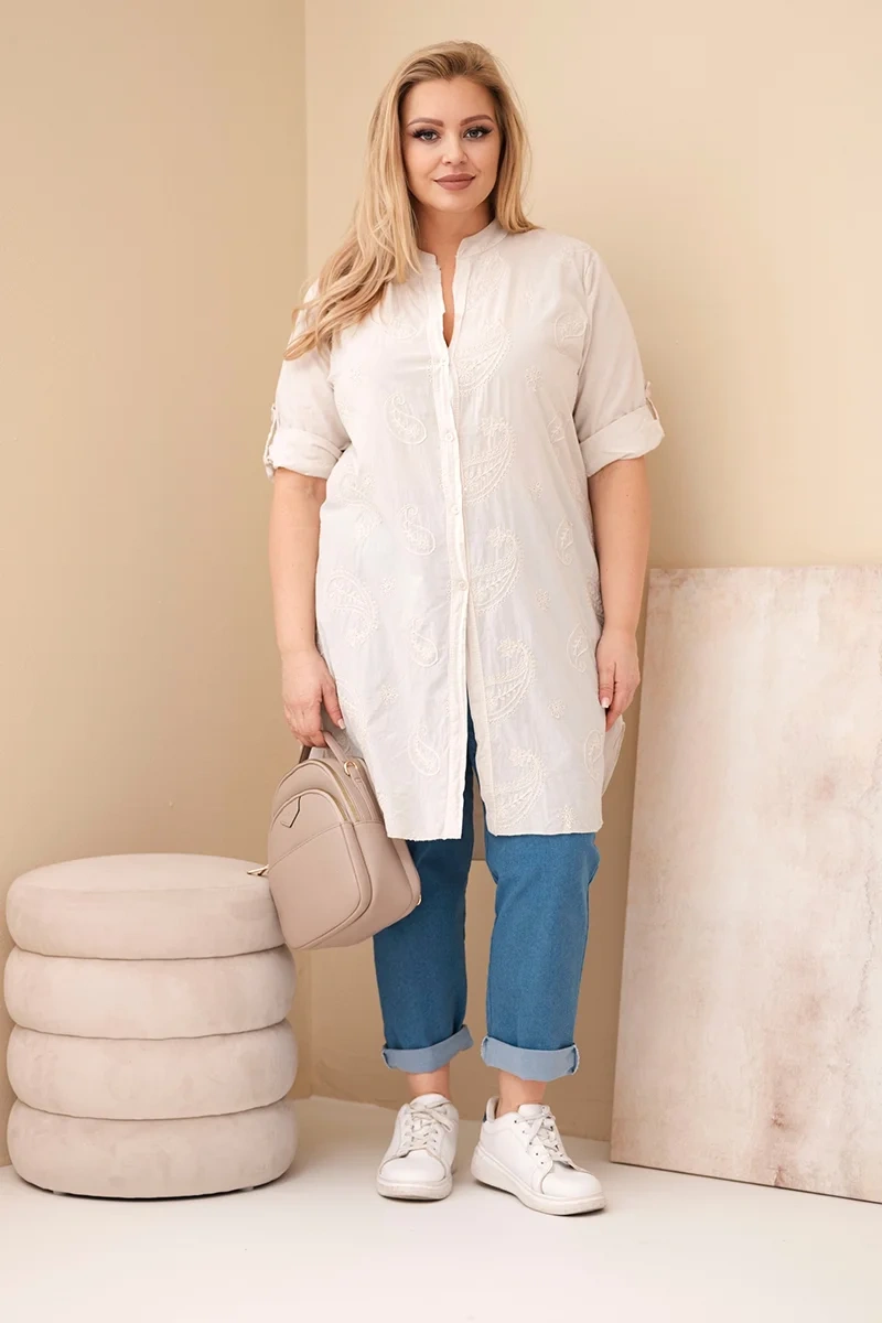 Kesi Włoski Plus Size šaty s výšivkou, béžové