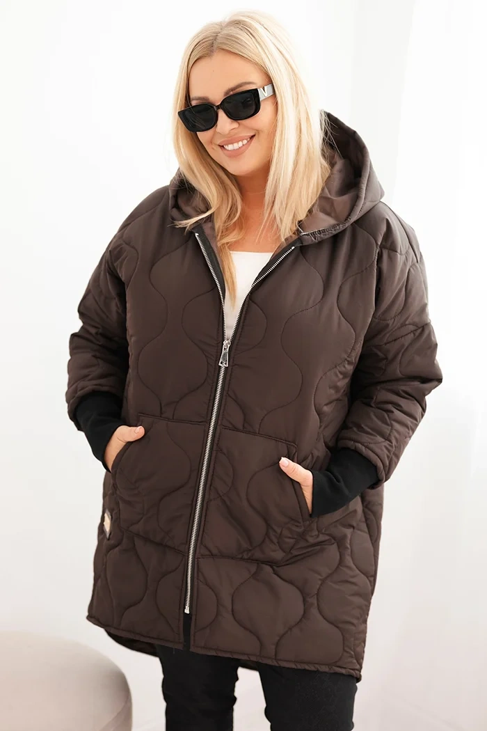 Kesi Włoski Plus Size women's quilted jacket with a hood brown