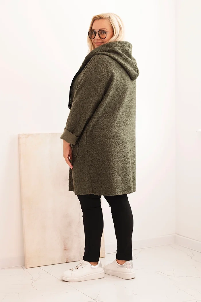 Kesi Włoski Plus Size women&#039;s coat made of faux shearling with a hood and pockets khaki