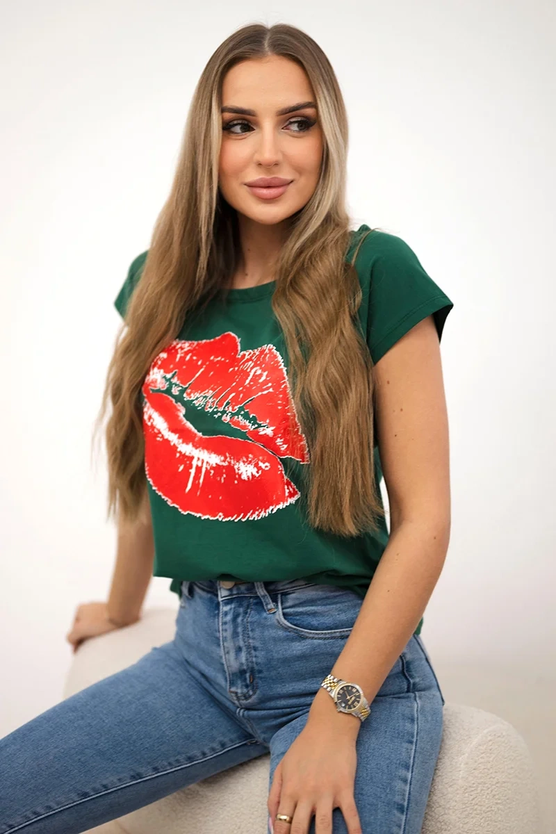 Blouse with green lip print