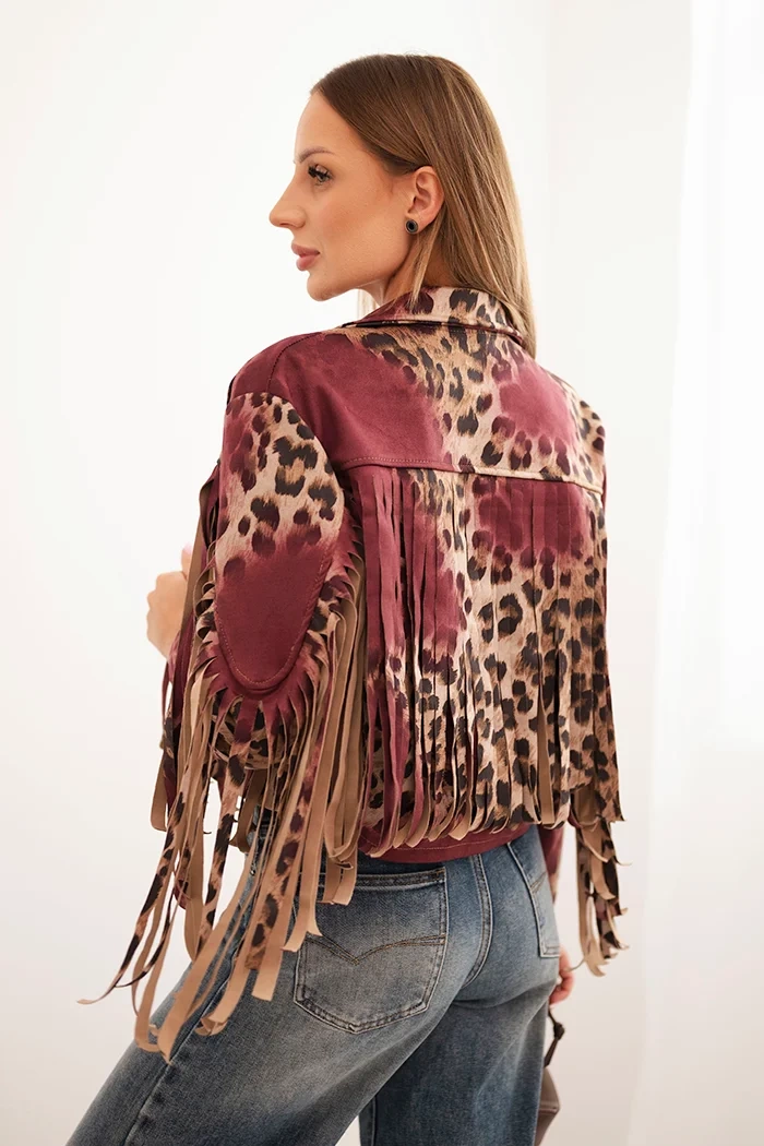 Kesi Włoski Women's suede jacket with leopard print and fringes burgundy