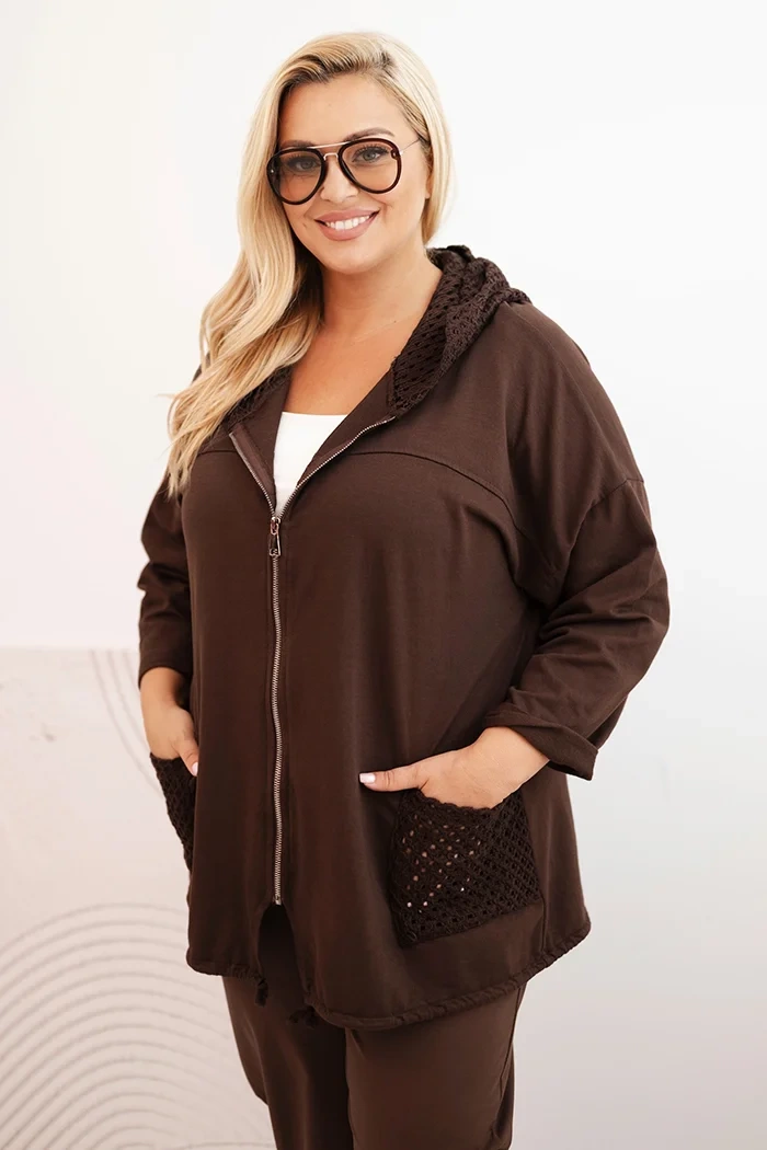 Kesi Włoski Womens Plus Size oversized cotton sweatshirt long sleeve brown
