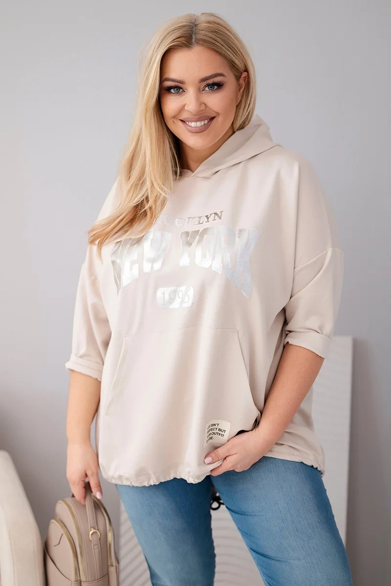 Kesi dámska plus-size viskózová mikina s kengurím vreckom béžová