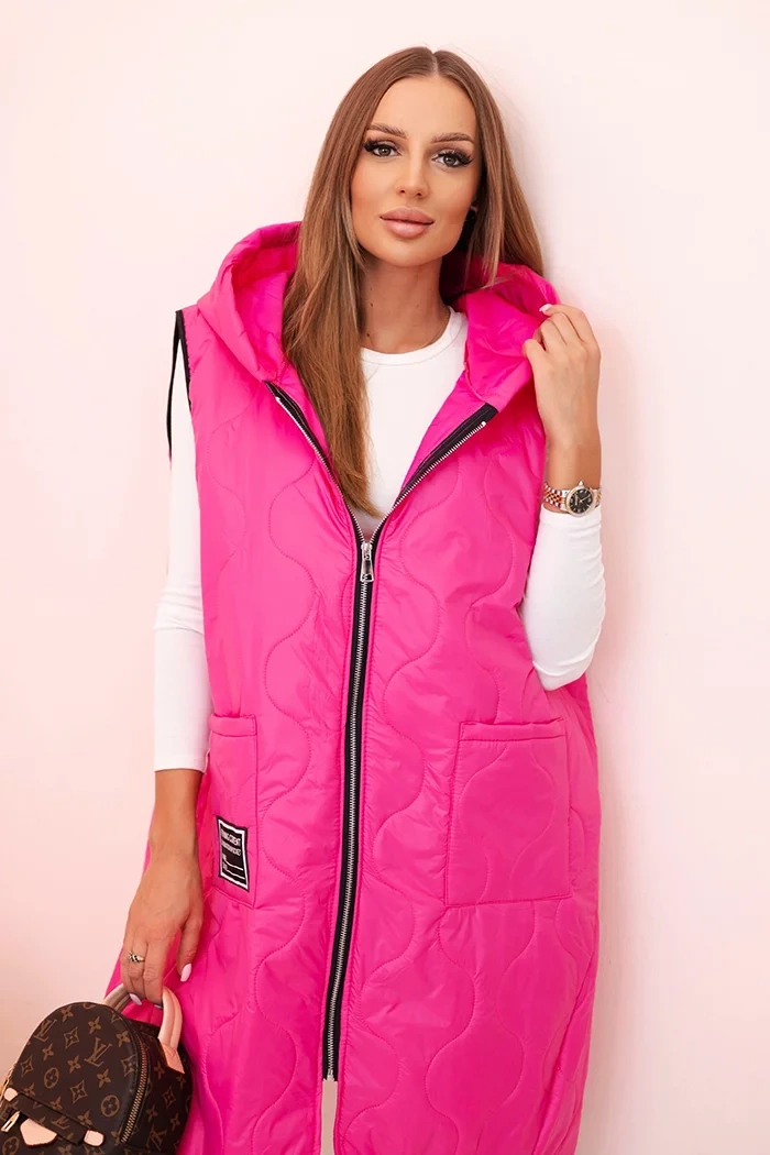 Kesi Włoski Women's quilted Plus Size vest with a hood zippered pink
