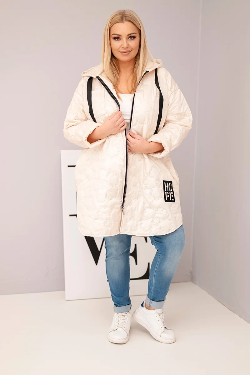 Kesi Włoski Dámska bunda Plus Size prešívaná s kapucňou a nápisom HOPE svetlo béžová