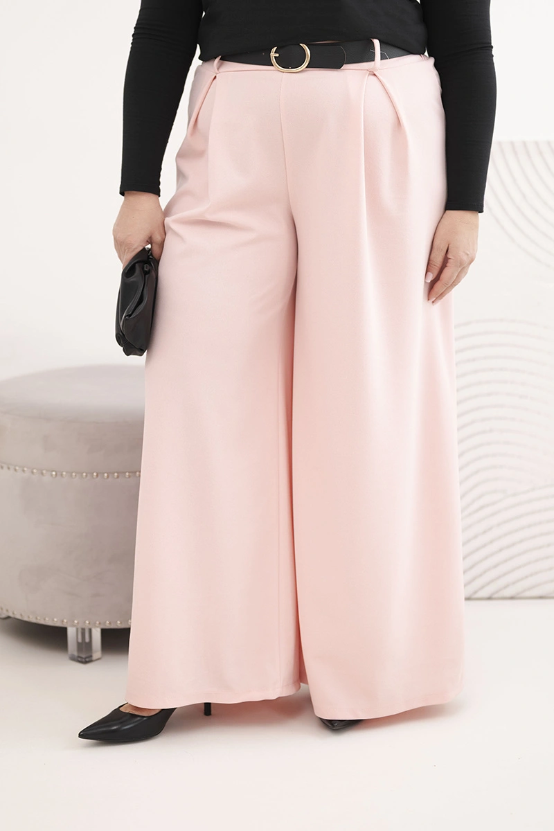 Дамски панталон с широки крачоли и колан, големи размери