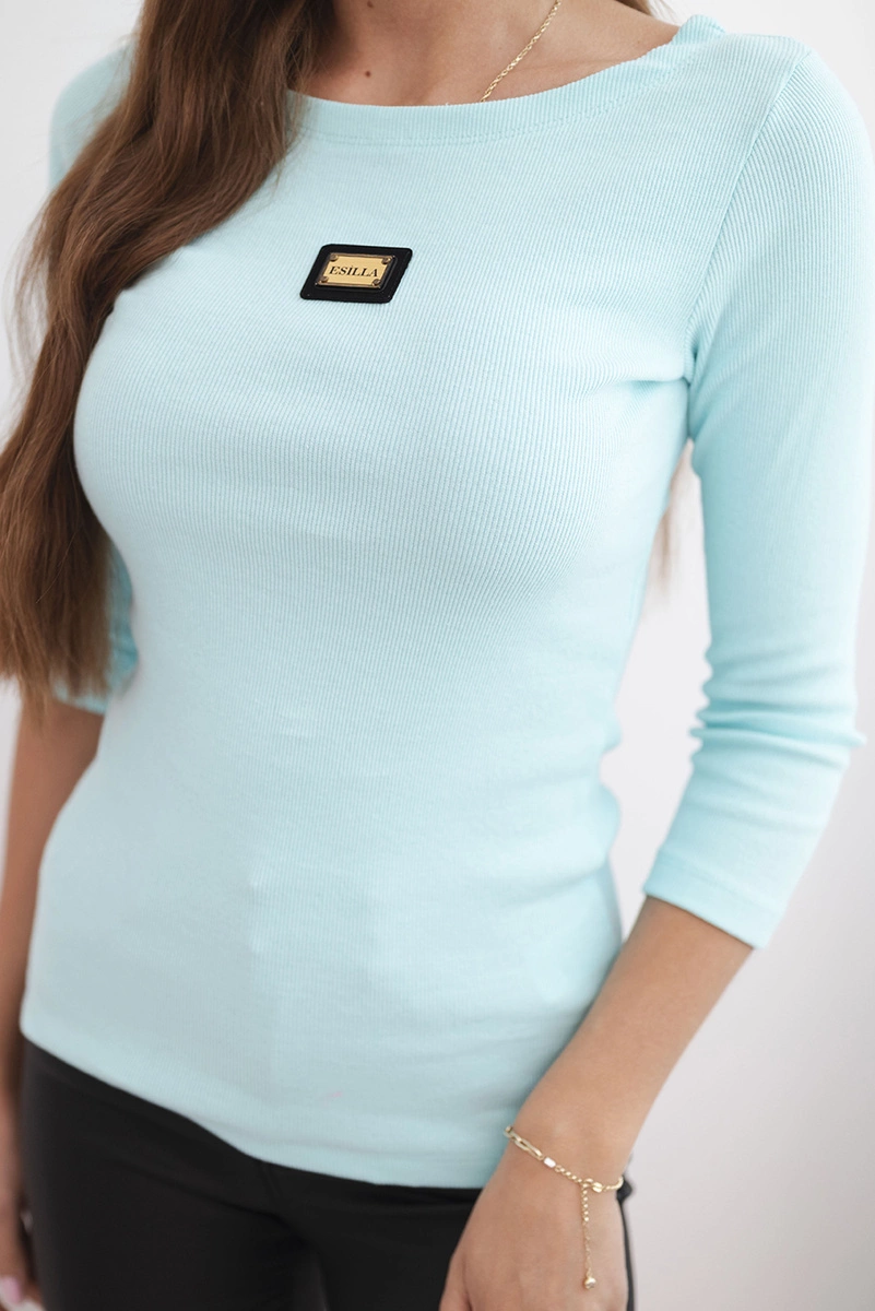 Kesi Women's ribbed blouse with 3/4 sleeves and decorative patch mint