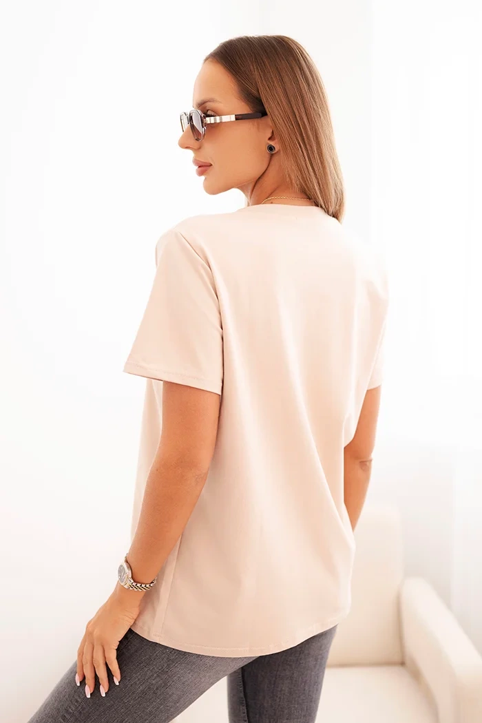 Polski Women's cotton blouse with a V-neck and short sleeves beige