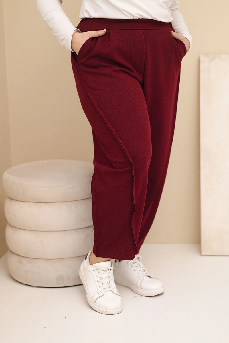 Kesi Włoski Plus Size loose-fit women's cotton pants high-waisted burgundy
