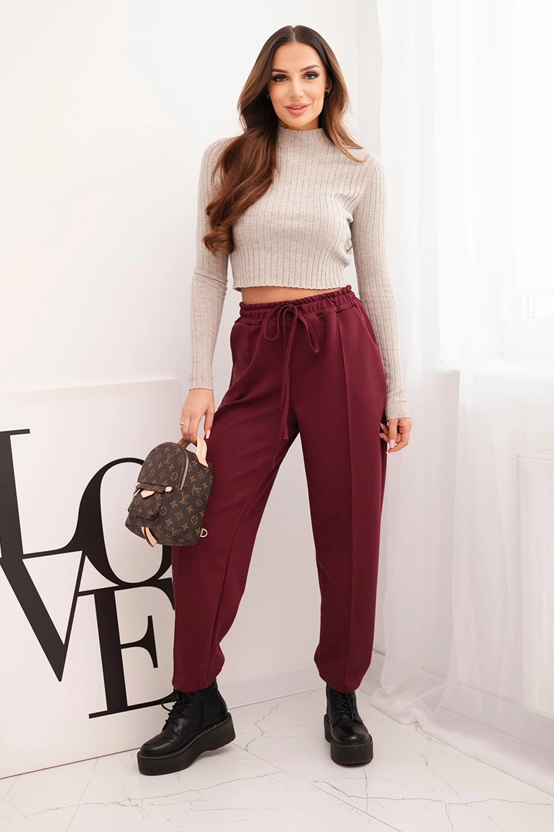 Kesi Włoski Elegant women's high-waisted trousers with a tie at the waist burgundy