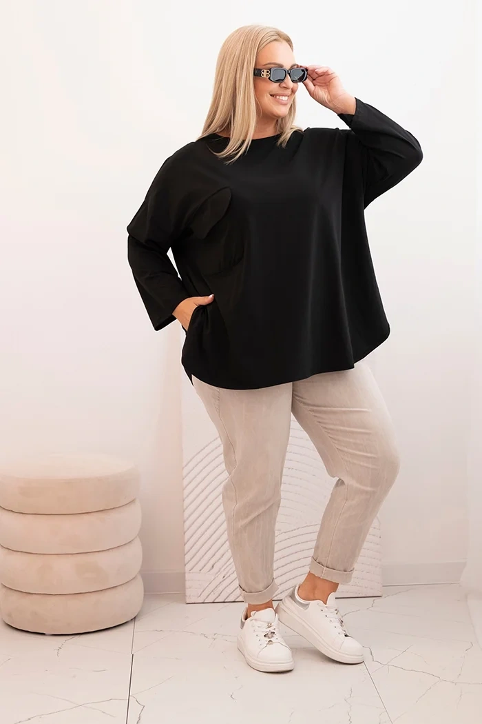 Kesi Włoski Dámska blúzka Plus Size s bavlnou, s vreckom a s podhodeným rukávom čierna