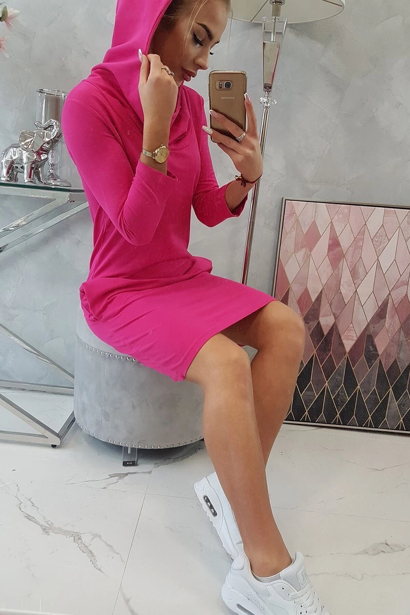 Dress with hood and fuchsia-colored pockets