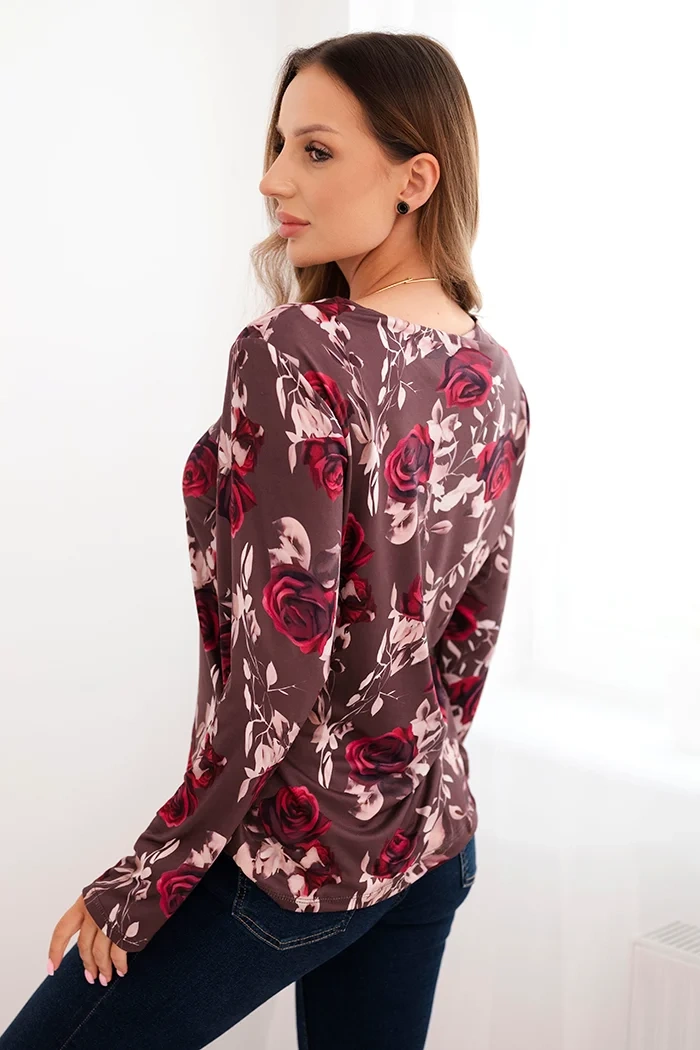Kesi Włoski Women's viscose blouse with long sleeves in floral brown