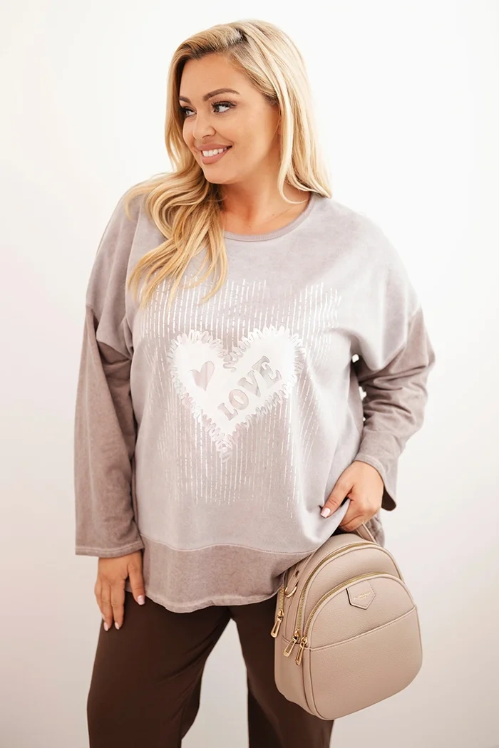 Kesi Włoski Dámska mikina Plus Size bavlnená s potlačou srdca a šnúrkami fango