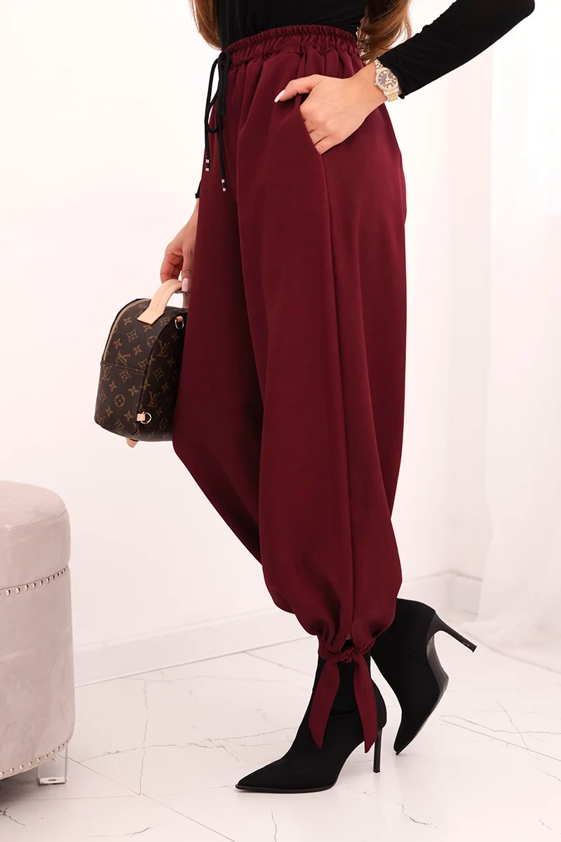 Kesi Włoski Women’s trousers with wide legs and ties at the bottom burgundy