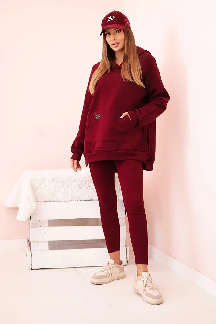 Polski Women&#039;s cotton set with a hoodie and high-waisted leggings burgundy