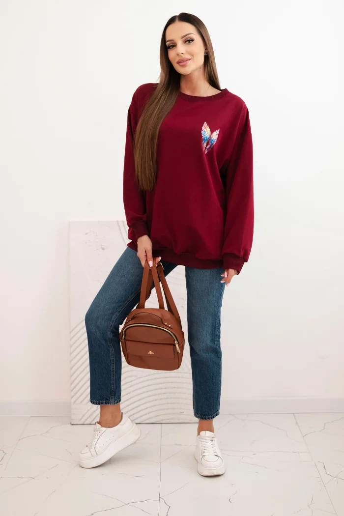 Polski Women's oversized cotton sweatshirt with colorful wings on the back burgundy
