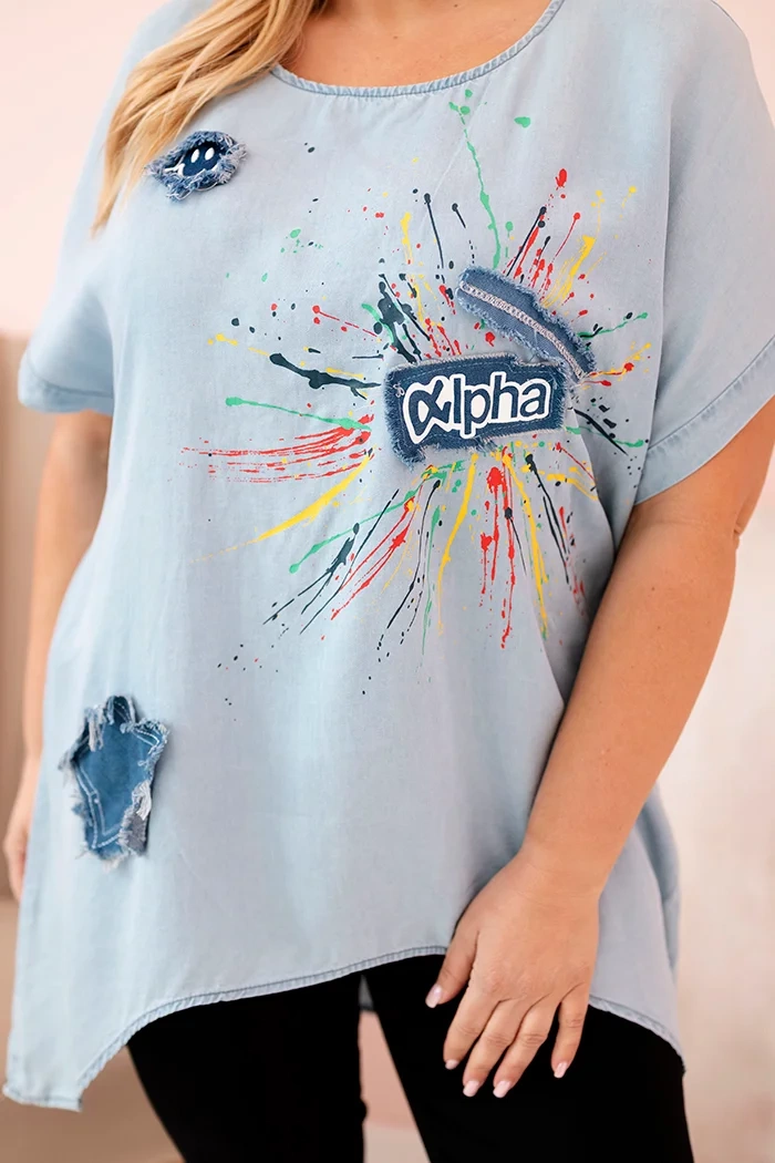 Kesi Włoski Plus Size women's blouse with patches light denim