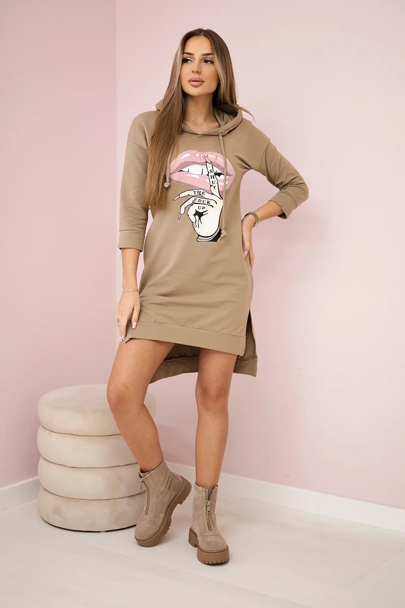 Dress with a longer back and a colorful camel print