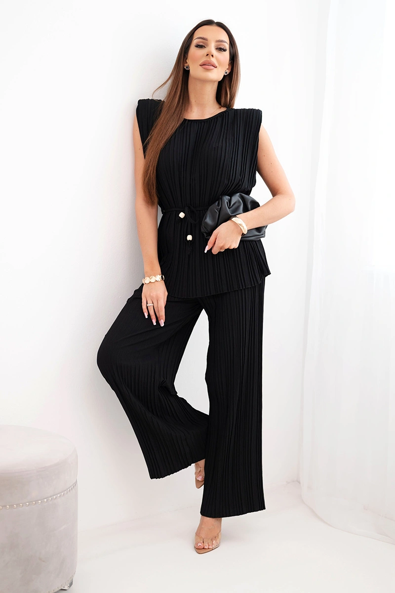 Дамски плисиран комплект от вискоза с възел на блузата