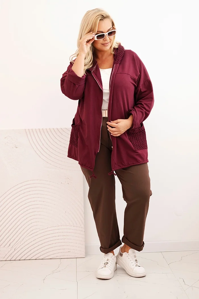 Kesi Włoski Women's Plus Size cotton oversized sweatshirt long sleeve burgundy