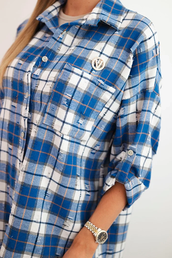 Kesi Włoski Women's cotton checkered shirt with a distressed effect cornflower blue