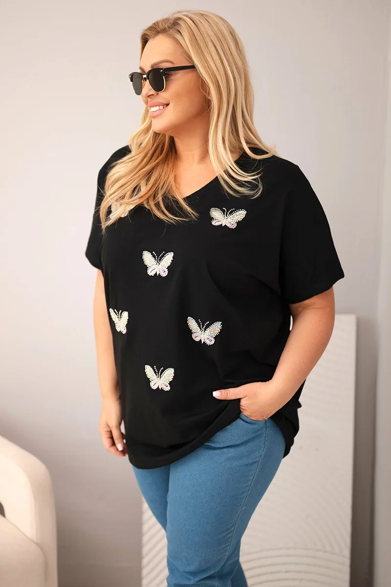 Plus size blúzka s motýľmi čierna