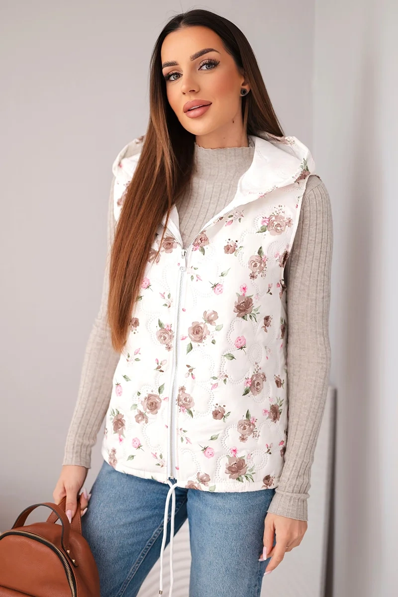 Дамски капитониран елек с качулка и флорален принт