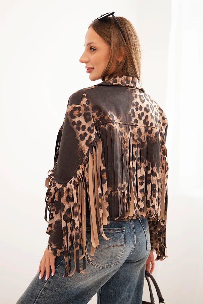 Kesi Włoski Women's suede jacket with leopard print and fringes black