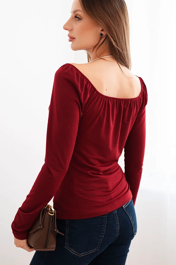 Kesi Włoski Women's blouse with draped neckline and long sleeves burgundy