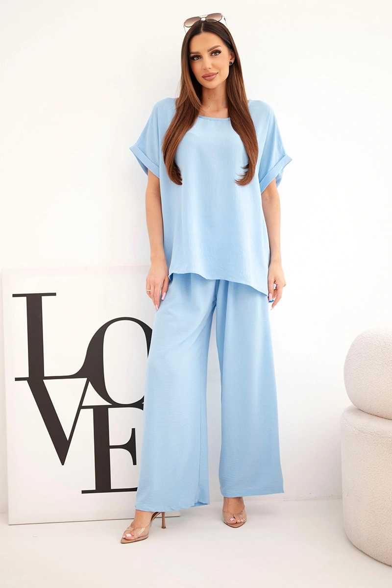 Комплект за жени Kesi plus size: топ и широки панталони, син