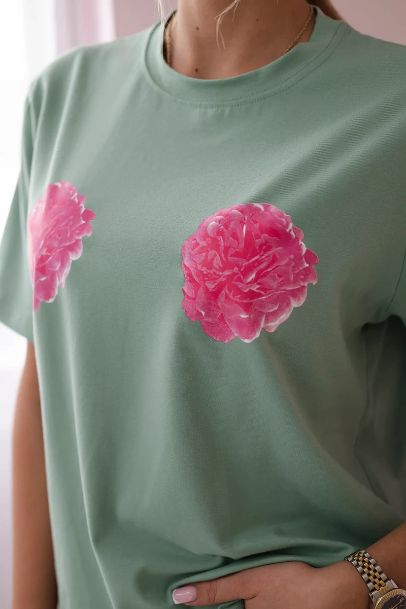 Cotton blouse with flower print dark mint