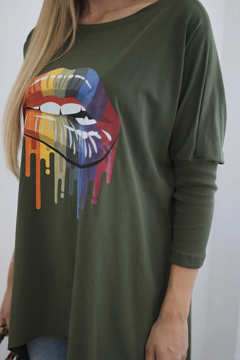 Oversized blouse with khaki rainbow lip print