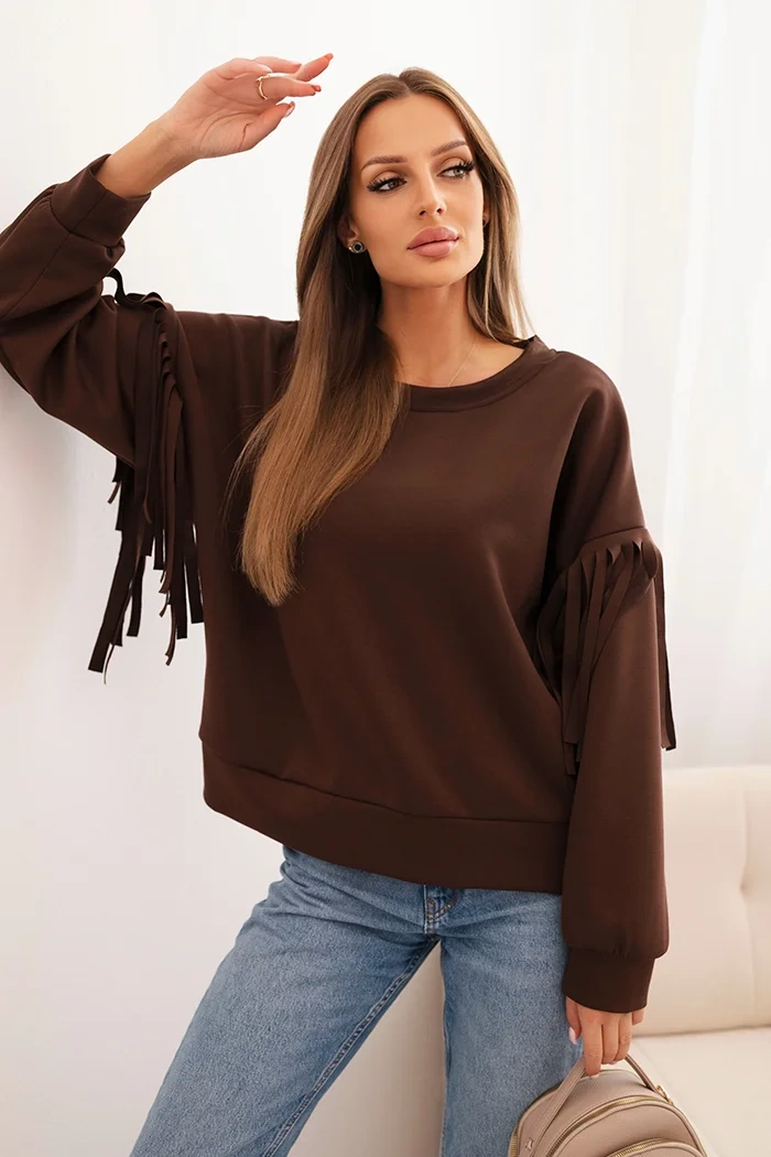 Kesi Włoski Women&#039;s butter-colored sweatshirt with decorative sleeves brown