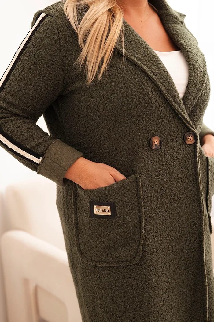 Kesi Włoski Plus Size women's coat made of faux sheepskin with pockets khaki