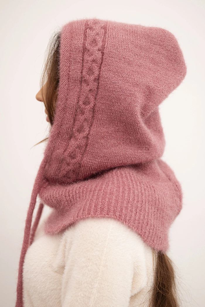 Polski Women&#039;s hooded cap with ties and braid weave dark pink