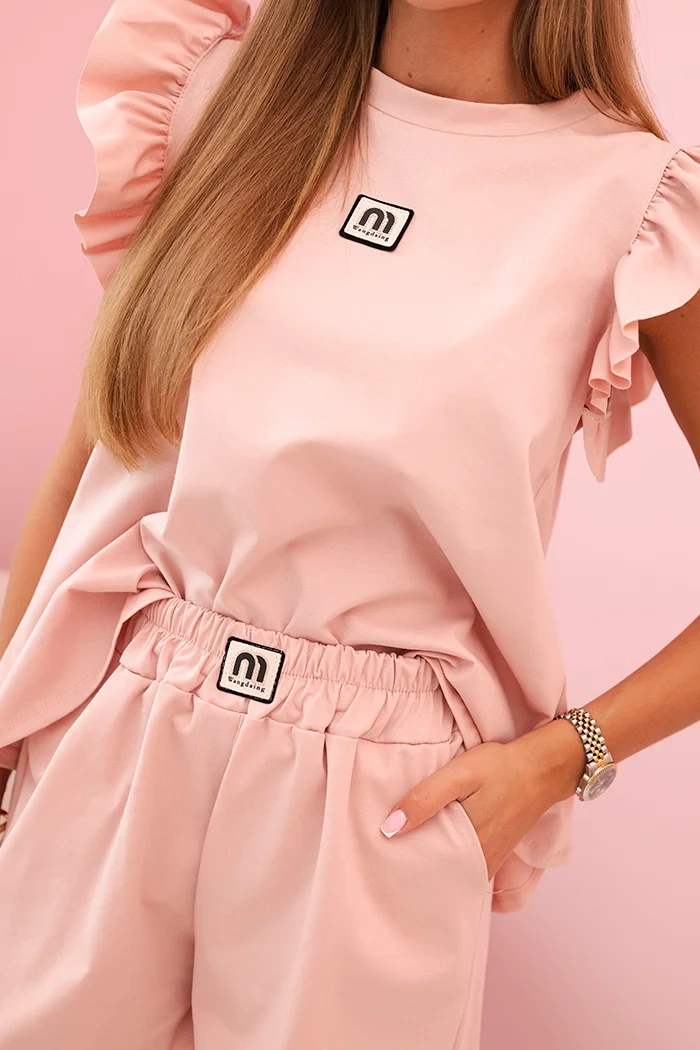 Kesi Włoski Women&#039;s set with a frill – a short-sleeved blouse and shorts with an elastic band dark powder pink