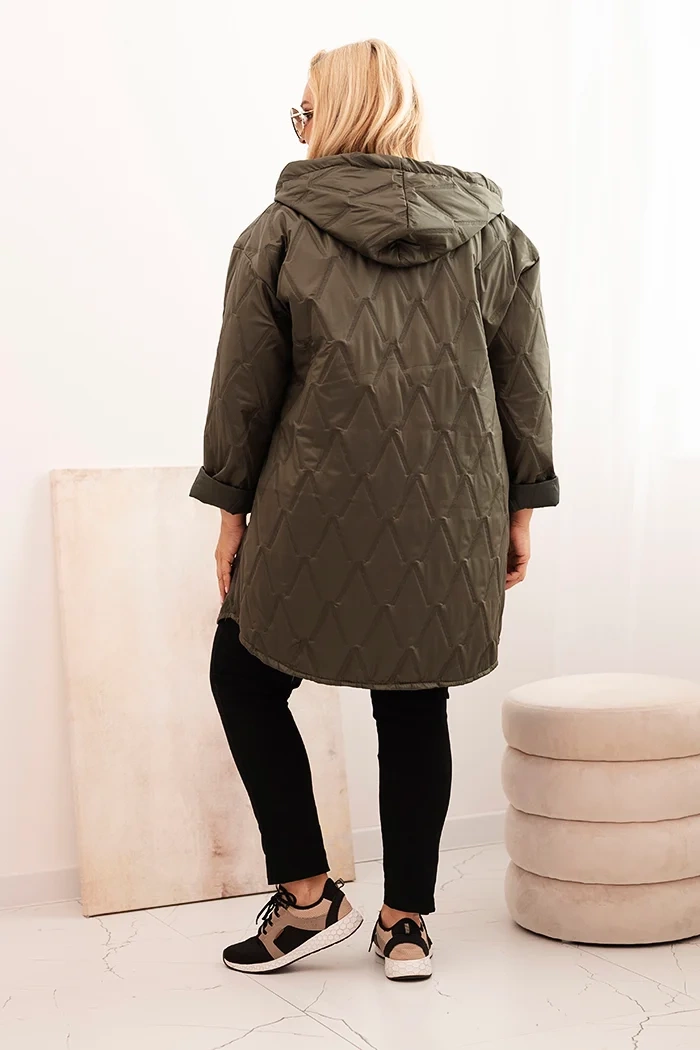 Kesi Włoski Plus Size women's quilted jacket with a hood and the inscription HOPE khaki