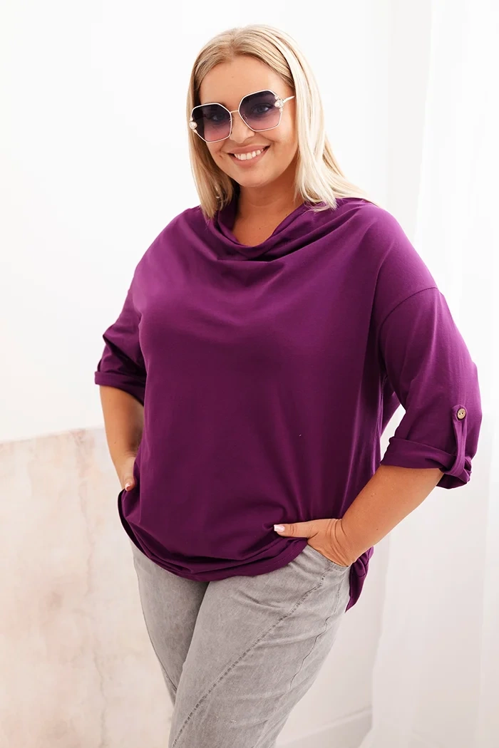 Kesi Włoski Plus Size womens blouse with cotton in a loose fit with a water neckline dark purple