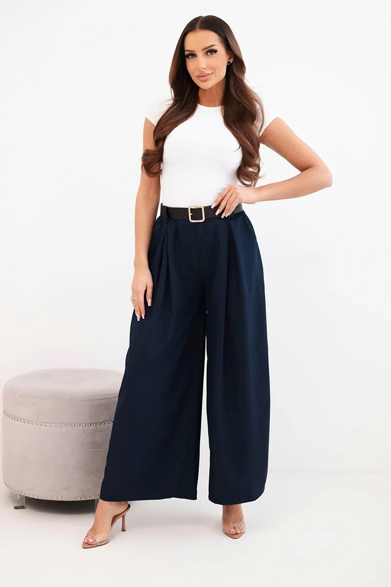 Kesi Włoski Dámske nohavice so širokými nohavicami a pásom modré