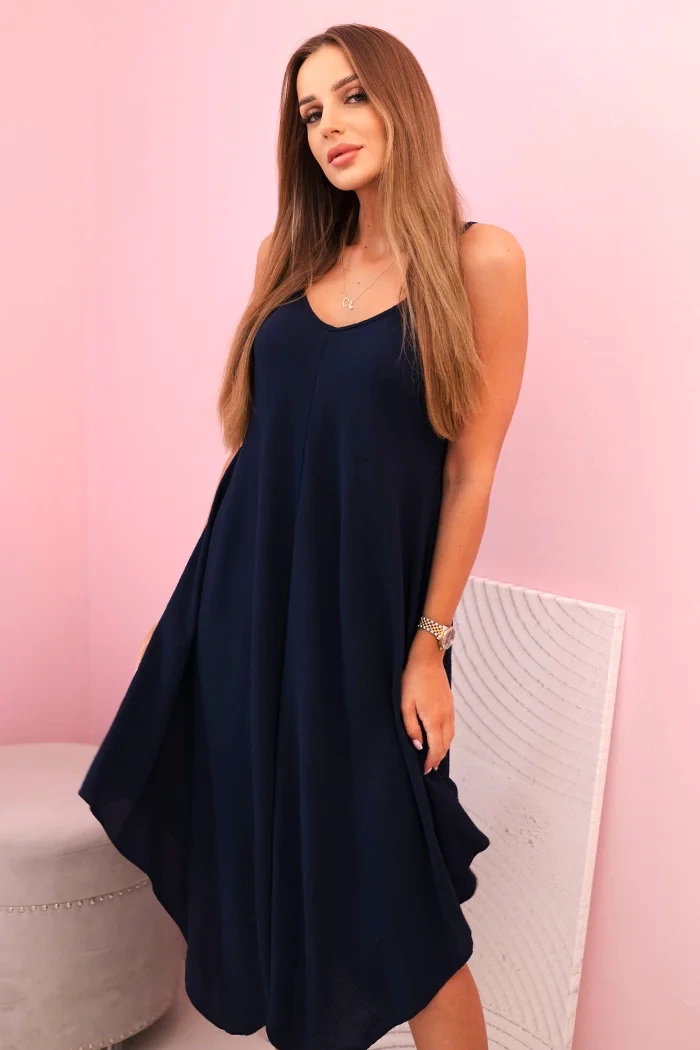 Kesi Włoski Dámské šaty s rozšířenými ramínky s asymetrickým lemem navy blue