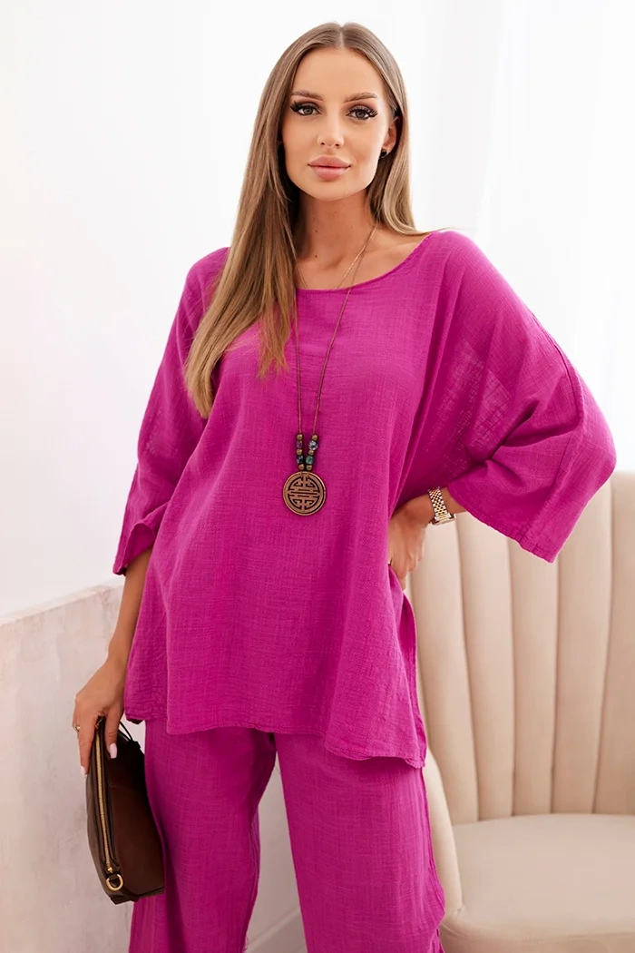 Kesi Włoski Women&#039;s set made of viscose, blouse with a necklace and pants purple
