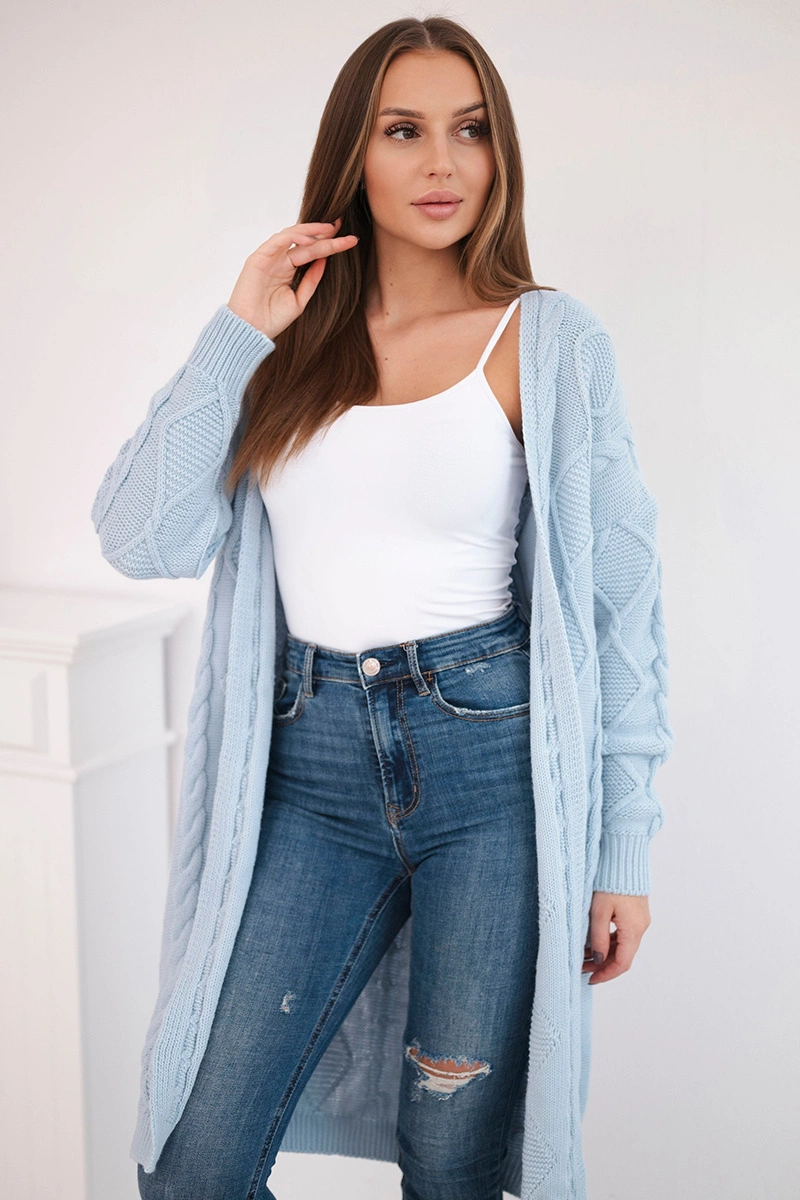 Cardigan sweater with cable weave in azure color